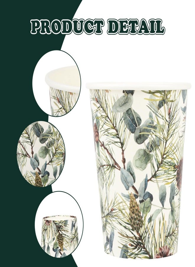 AimFun 100 Pcs Christmas Party Paper Cups Winter Pine Branches Cones and Eucalyptus Disposable Cup Xmas Greenery 9oz Disposable Party Cups for Hot Cold Beverage Coffee Tea Drinks - Image 3